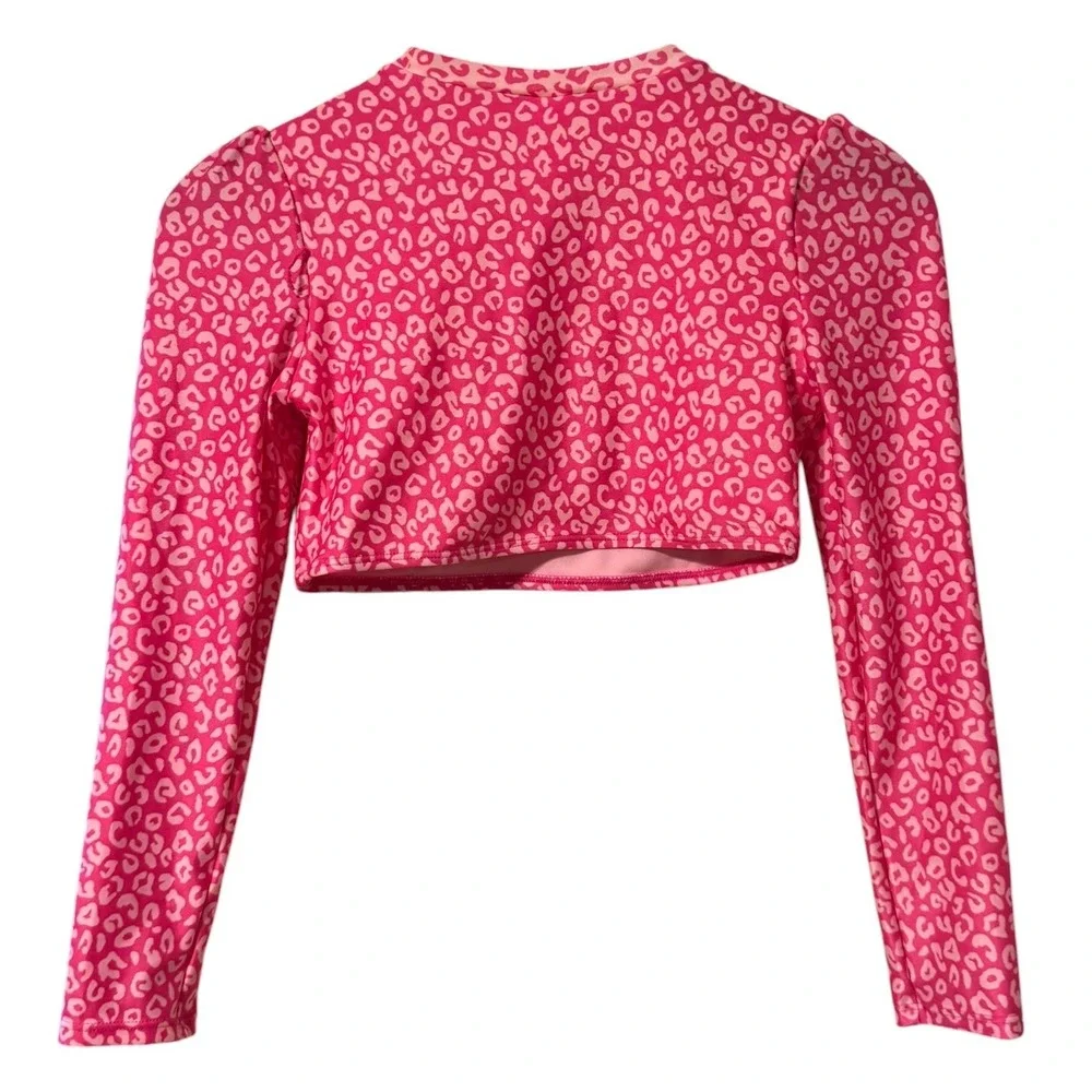 Cat & Jack Rash Guard Kids XL 14 Pink Excellent Leopard Puff Sleeve Swim Top